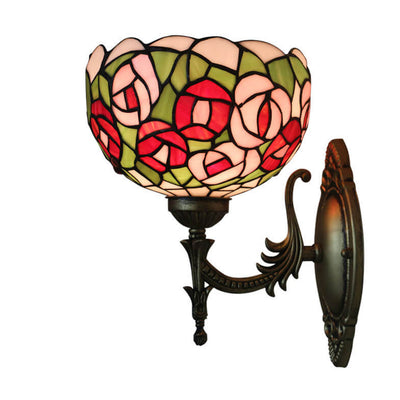 Tiffany Pink Rose Stained Glass Bowl 1-Light Wall Sconce Lamp