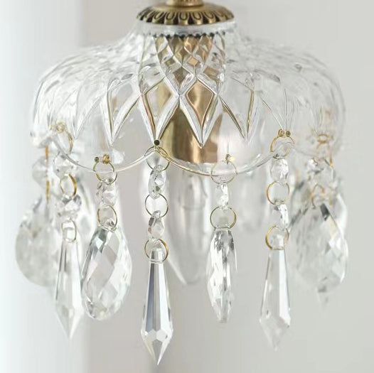 Modern Art Deco Brass Checkered Glass Shade Crystal Beads 1-Light Pendant Light For Living Room