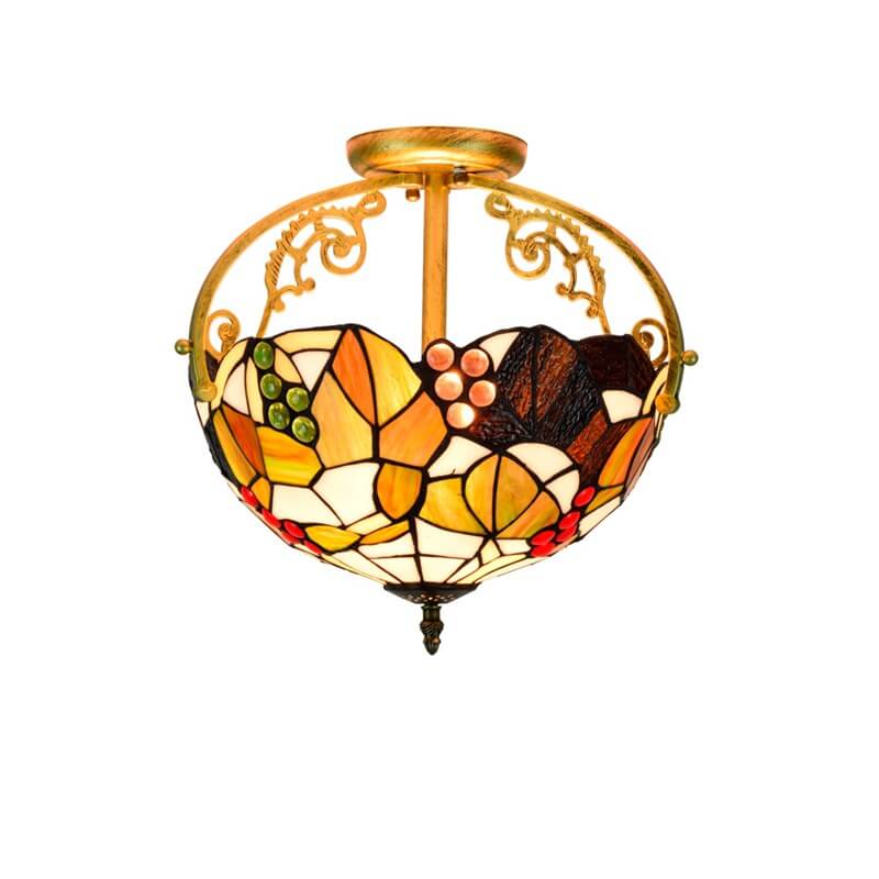 Europäische Vintage Tiffany Buntglas Traubenmuster Design 2-Licht Semi-Flush Mount Light 