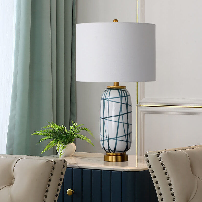 Modern Luxury Fabric Ceramic Hardware Green Striped Ceramic Drum Fabric 1-Light Table Lamp for Bedroom