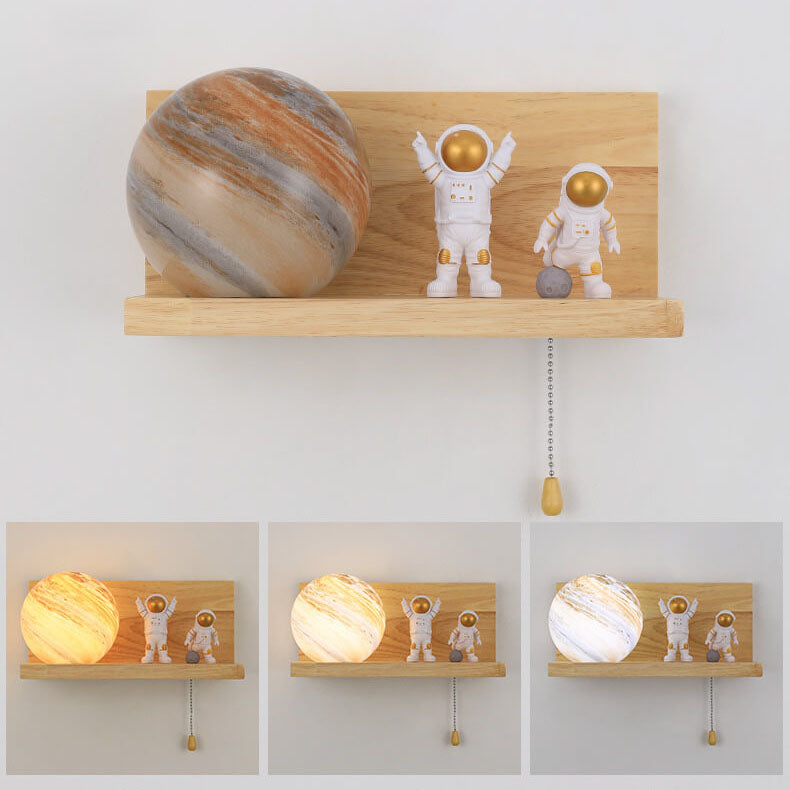 Contemporary Creative Planet Glass Solid Wood Square Base 1-Light Wall Sconce Lamp for Bedroom Living Room