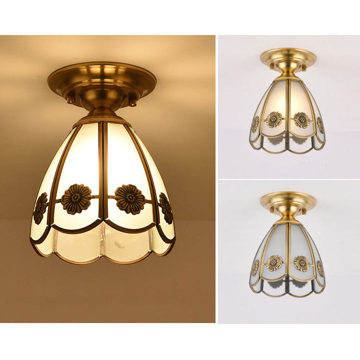 Traditionelle halbhohe 1-flammige Deckenleuchte aus Kupfer und Glas in Kegelform im europäischen Stil für Wohnzimmer &amp; Schlafzimmer 