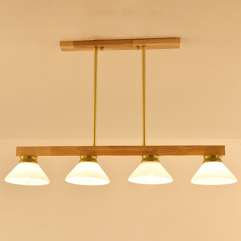 Lámpara de Araña de Isla de 3/4 Luces con Pantalla de Vidrio Cónica de Madera Maciza Nórdica 