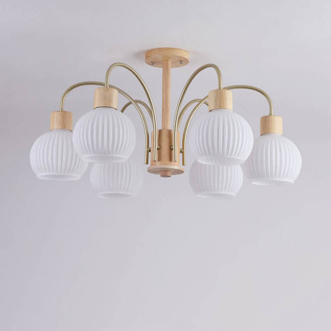 Moderna Lámpara Redonda de Crema de Hierro Madera Maciza Vidrio 6/8 Luces Candelabro 