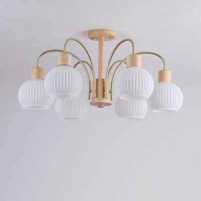 Modern Cream Round Lantern Iron Solid Wood Glass 6/8 Light Chandelier