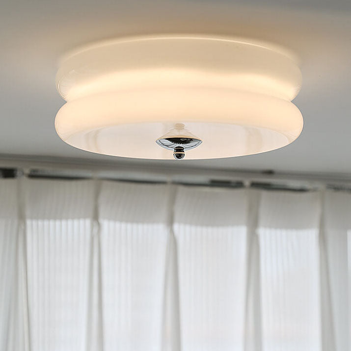 French Minimalist Cream Glass Round LED Flush Mount Ceiling Light