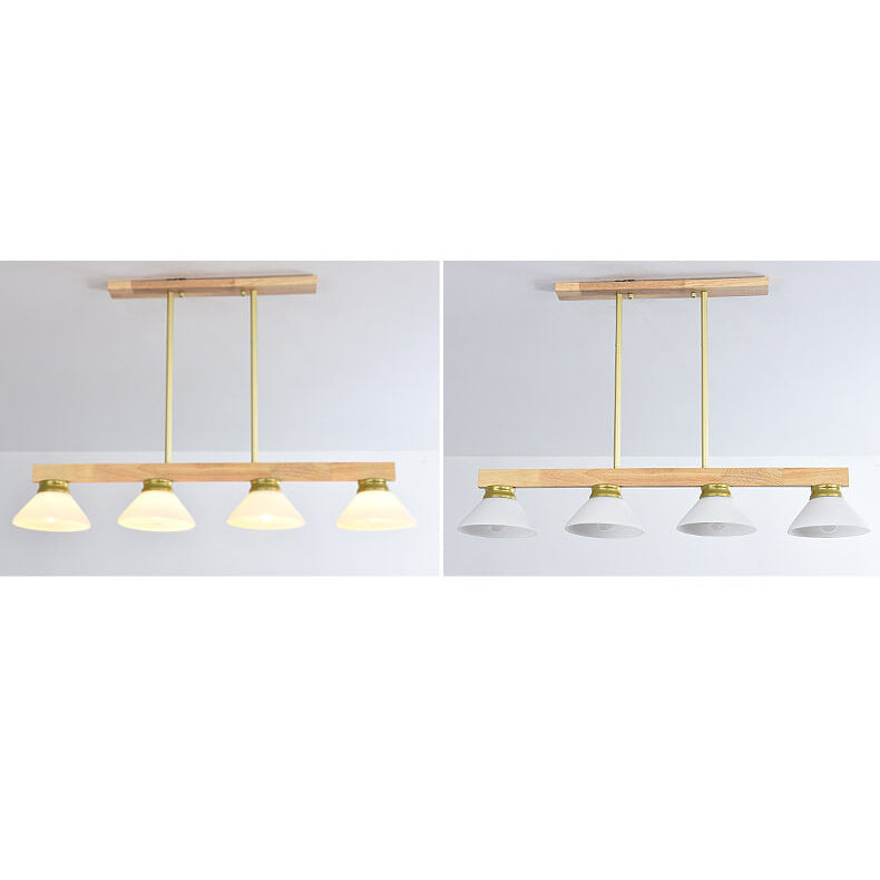 Lámpara de Araña de Isla de 3/4 Luces con Pantalla de Vidrio Cónica de Madera Maciza Nórdica 