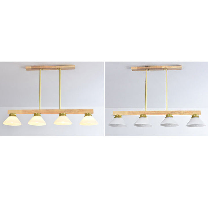Lámpara de Araña de Isla de 3/4 Luces con Pantalla de Vidrio Cónica de Madera Maciza Nórdica 
