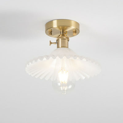 Japanese Vintage Glass Brass Lotus 1-Light Semi-Flush Mount Ceiling Light