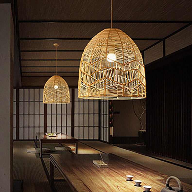 Contemporary Boho Rattan Weaving Cage 1-Light Pendant Light For Dining Room