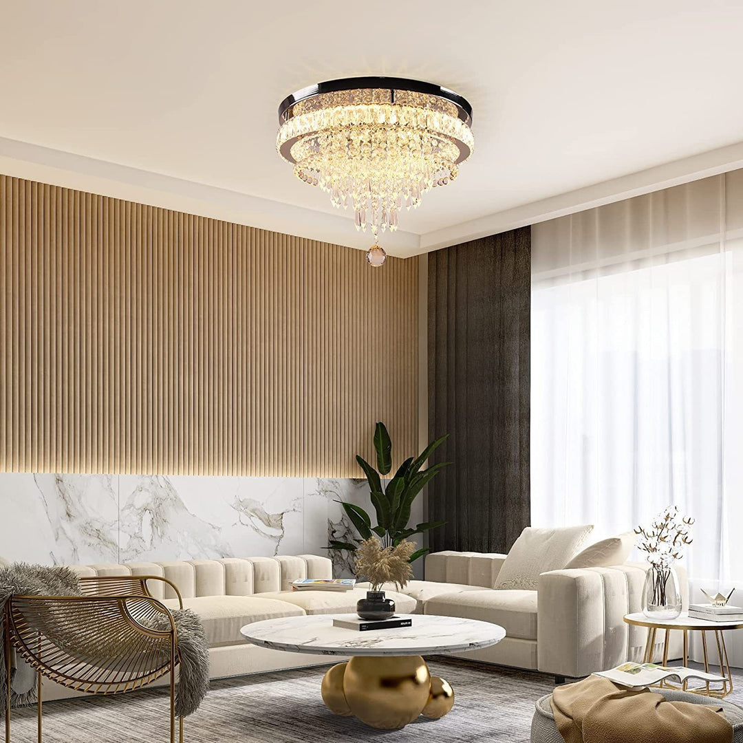 Moderne luxuriöse LED-Deckenleuchte mit Kristall, Edelstahl und rundem Quastendesign für Wohnzimmer &amp; Schlafzimmer 