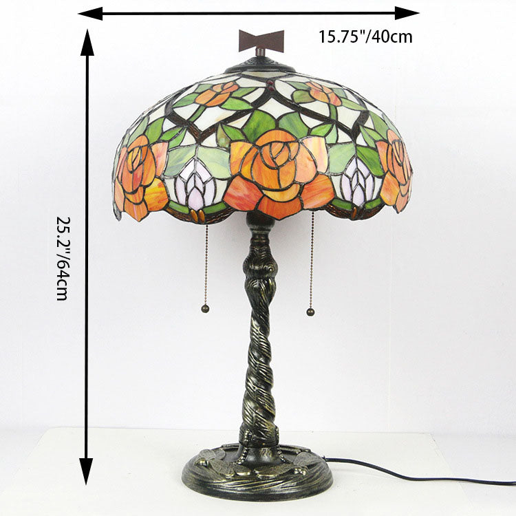 Lampe de table traditionnelle à 2 lumières en forme de dôme en verre teinté libellule Tiffany Rose pour étude 