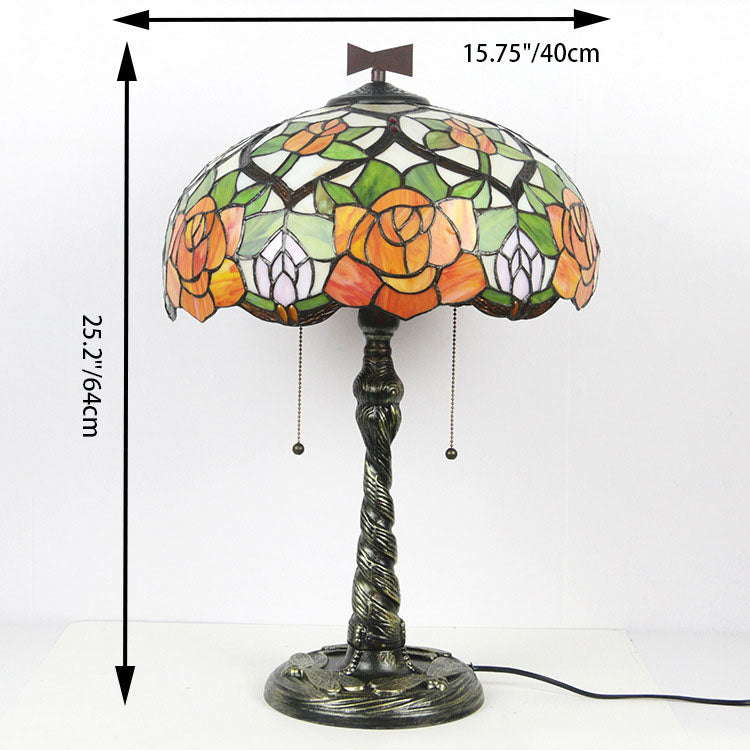 Traditional Tiffany Rose Dragonfly Stained Glass Dome 2-Light Table Lamp For Study