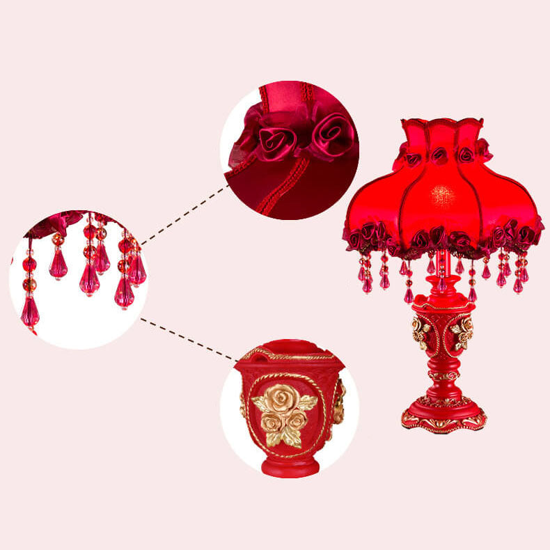 European Wedding Red Fabric Tassel Resin 1-Light Table Lamp