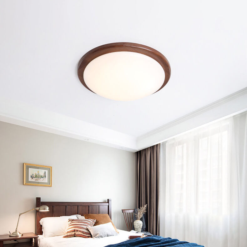 Modern Chinese Walnut Round LED Flush Mount Ceiling Light