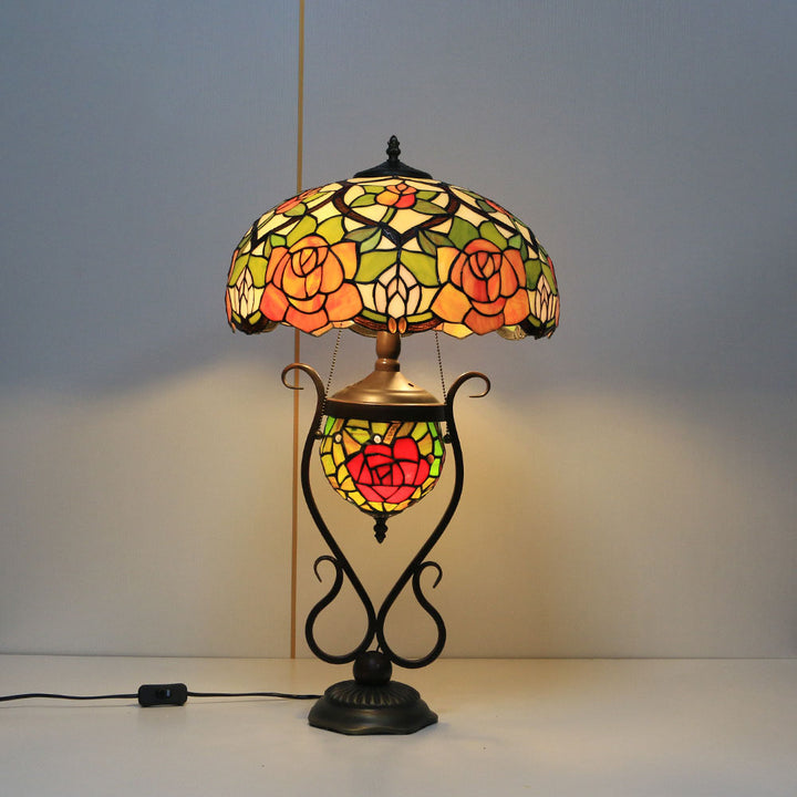 Traditional Tiffany Floral Stained Glass Iron Resin Round Pot 3-Light Table Lamp For Bedroom