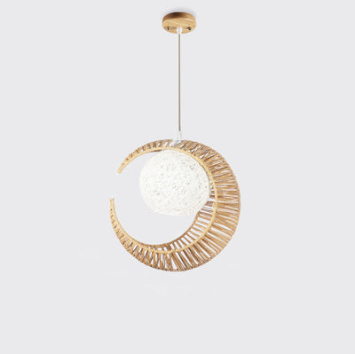 Japanische kreative Moon Rattan Weaving 1-Licht-Pendelleuchte 