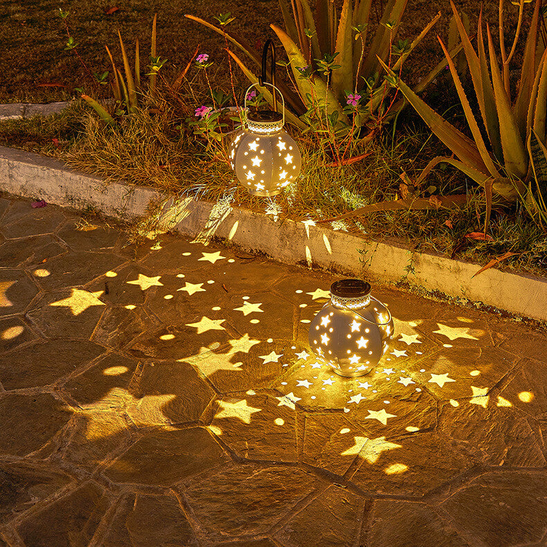 Kreative Solar Eisen Pentagramm Hohl Dekor Laterne LED Tragbare Terrasse Rasen Licht 