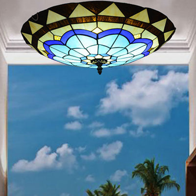 Tiffany Mediterranean Blue Stained Glass Round 2/3/4 Light Flush Mount Ceiling Light