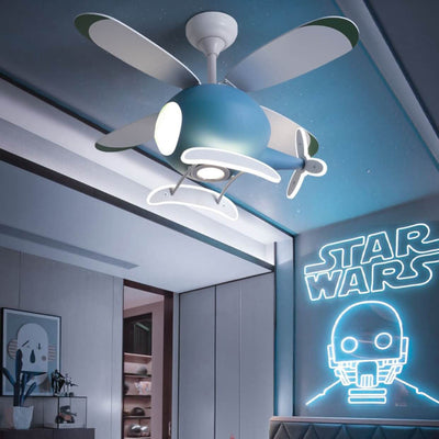 مروحة سقف بإضاءة LED مع قضبان تثبيت لطائرة كرتونية بسيطة 