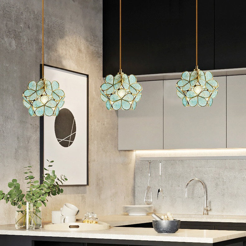 Modern Art Deco Petal Bubble Glass Shade Brass Frame 1-Light Pendant Light For Living Room