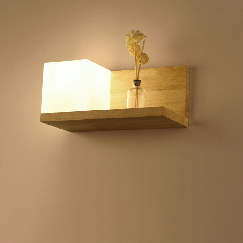 Moderne kreative 1-flammige quadratische Wandleuchte aus Gummibaumholz und Glas für Wohnzimmer &amp; Schlafzimmer 