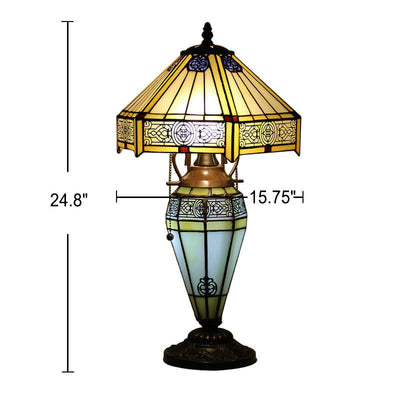 Europäische Tiffany-Tischlampe mit sechseckiger Kuppel und Zugschnur, 2-flammig 