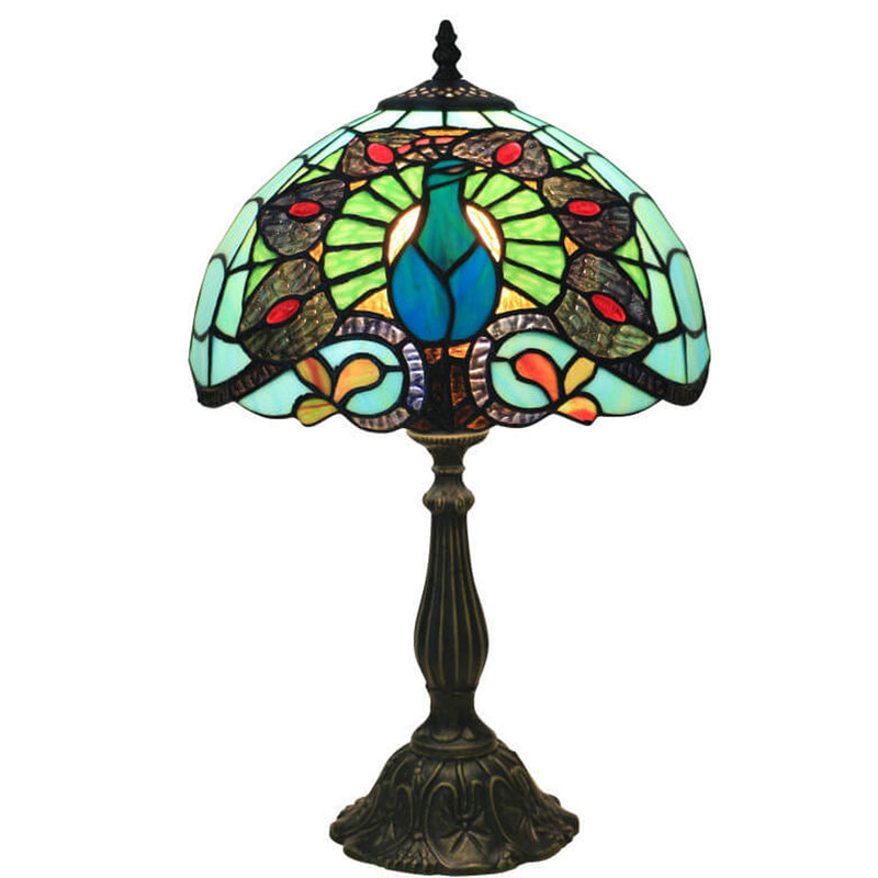 European Tiffany Green Peacock Stained Glass 1-Light Table Lamp