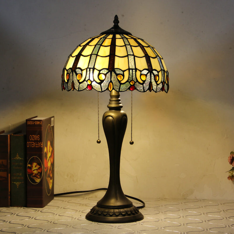 Vintage Tiffany Baroque Stained Glass Dome Pull Cord 1-Light Table Lamp