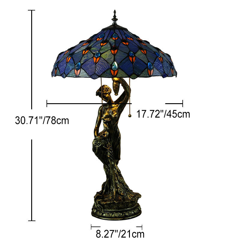 Lampe de table à 2 lumières avec base en résine et beauté en verre teinté Tiffany vintage 