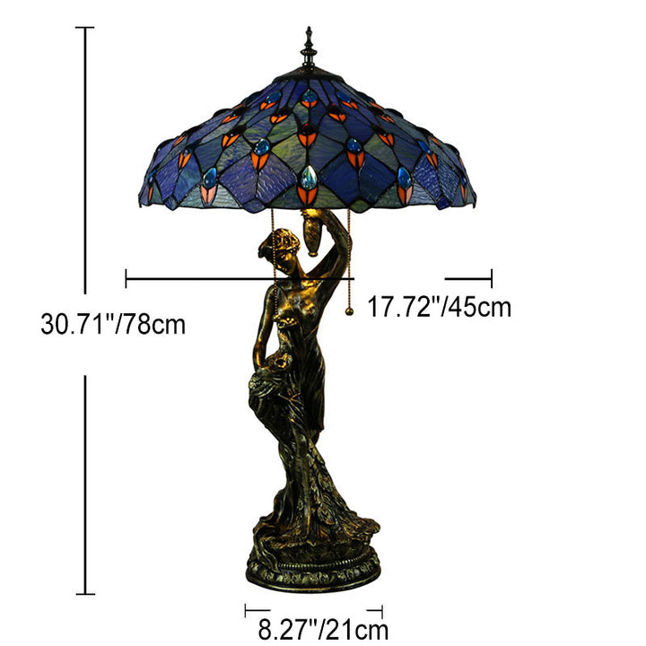 Lampe de table à 2 lumières avec base en résine et beauté en verre teinté Tiffany vintage 