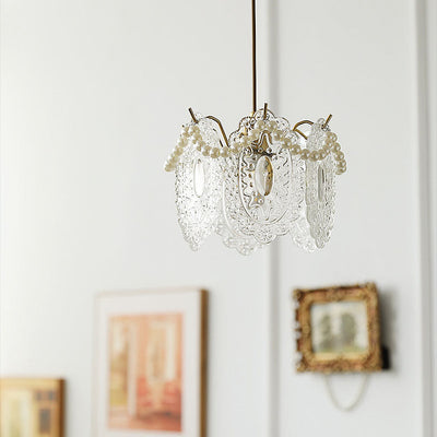 Traditional French Feather Pearl Petal Hardware Glass 1-Light Pendant Light For Bedroom