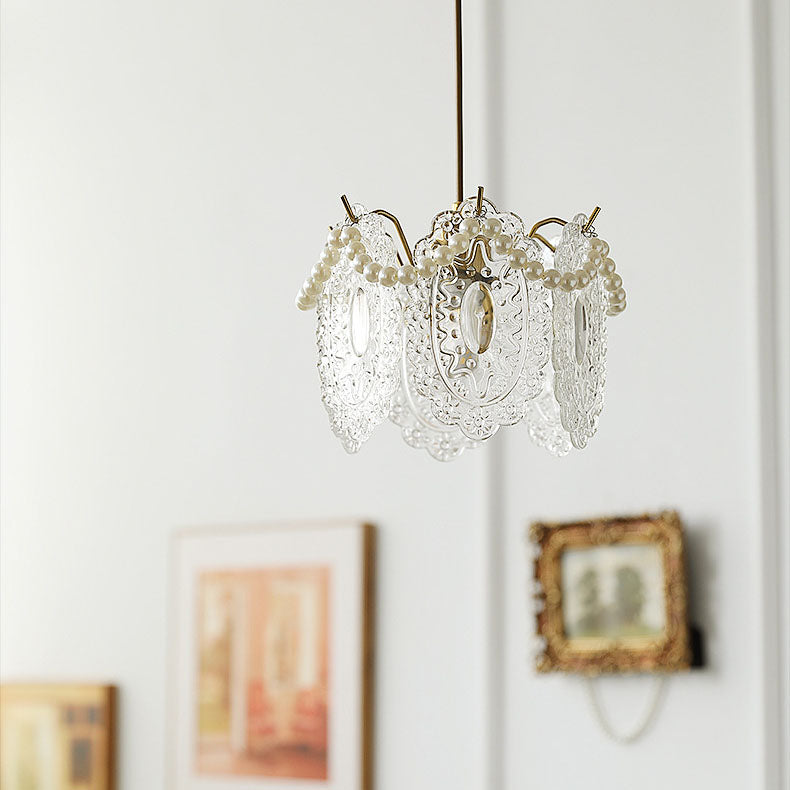 Traditional French Feather Pearl Petal Hardware Glass 1-Light Pendant Light For Bedroom