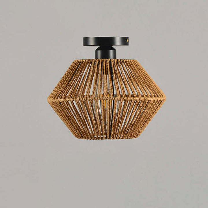 Traditional Vintage Solid Wood Rope Weaving Lantern Cage Wood 1-Light Pendant Ceiling Light for Living Room
