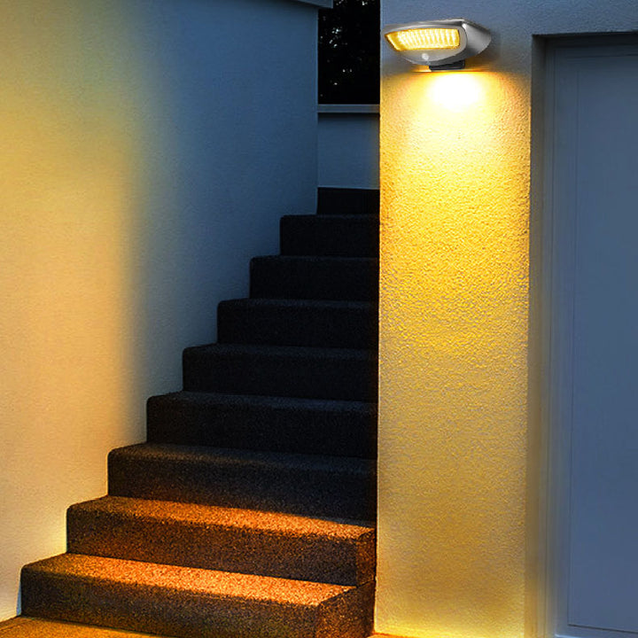 Moderne, schlichte Solar-LED-Wandleuchte in trapezförmigem Design mit Bewegungssensor, wasserdicht, für den Außenbereich 