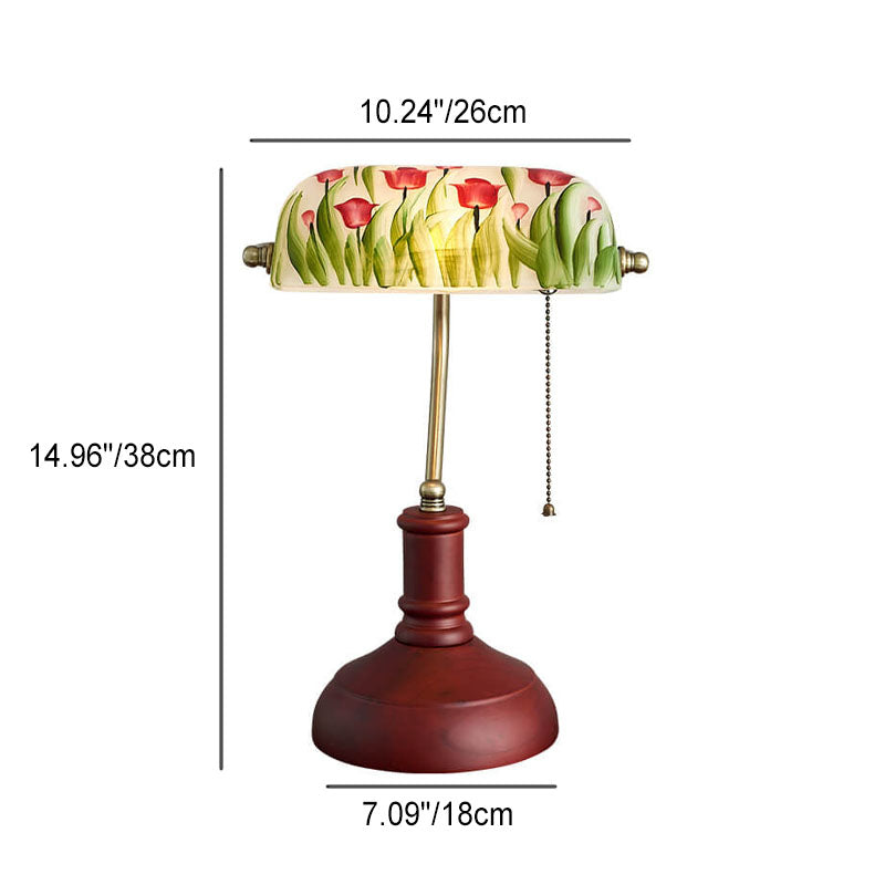 Chinese Vintage Floral Pattern Glass Shade Wood Base 1-Light Table Lamp