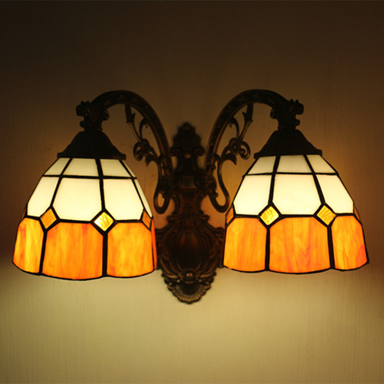 Vintage Tiffany Dome Stained Glass 2-Light Wall Sconce Lamp