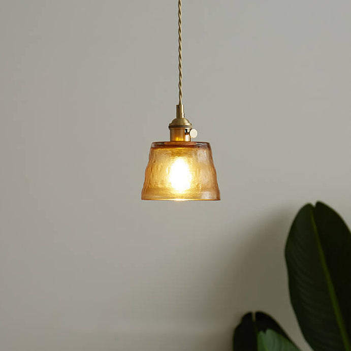 Traditionelle Vintage-Pendelleuchte aus Glas und Kupfer mit rundem Trommelschirm, 1-flammig, für das Wohnzimmer 