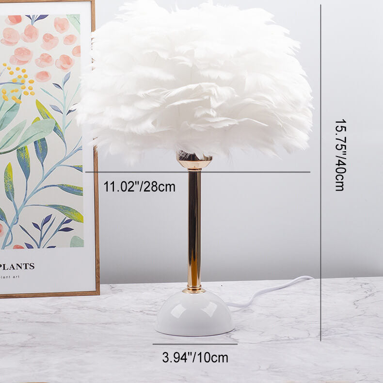 Modern Art Deco Feather Iron Round Shade Gold Pole 1-Light Table Lamp for Bedroom