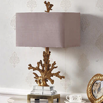 Modern Art Deco Linen Resin Crystal Coral Base 1-Light Table Lamp For Bedroom