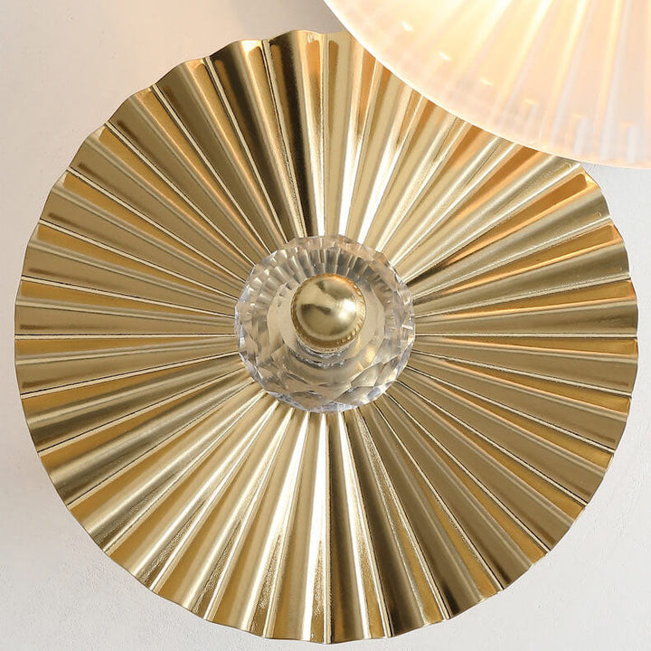 Moderna lámpara de aplique de pared de 2 luces con pantalla de vidrio de disco y herrajes plisados de lujo para dormitorio 