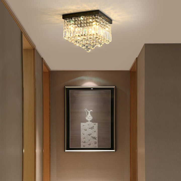 Traditional European Square Crystal Beaded Curtain 4-Light Flush Mount Ceiling Light For Living Room