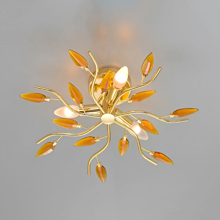 Modern  Luxury Leaves Iron Glass 3-Light Semi-Flush Mount Ceiling Light for Living Room