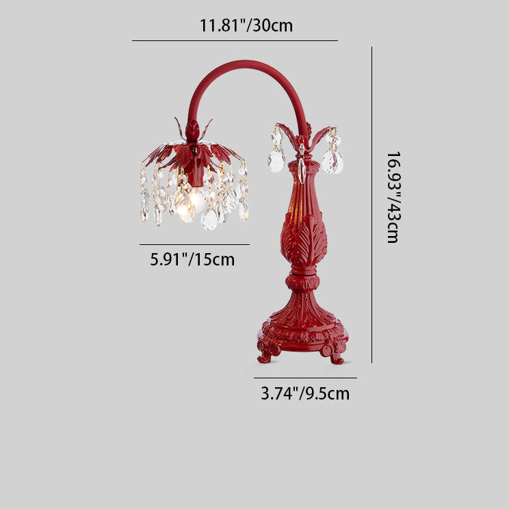 Lámpara de mesa de 1 luz con base tallada de hierro y cuentas de cristal chino tradicional para dormitorio 