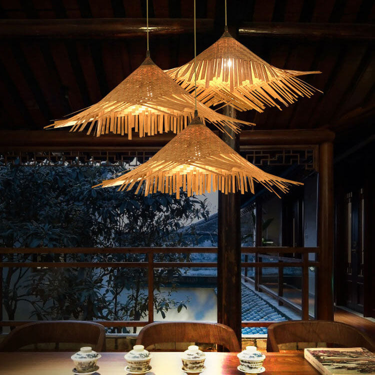 Bamboo Weaving Hat Shape 1-Light Beige Pendant Light
