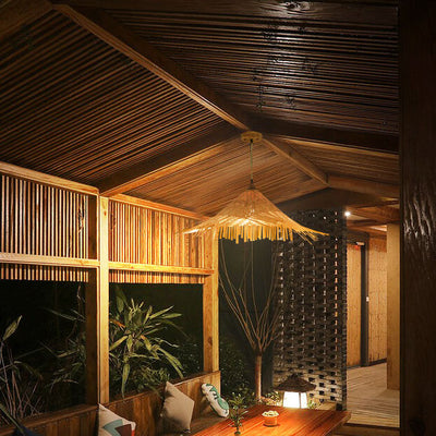 Bambusweberei Hutform 1-hellbeige Pendelleuchte 