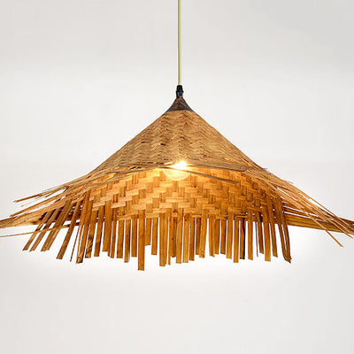 Bamboo Weaving Hat Shape 1-Light Beige Pendant Light