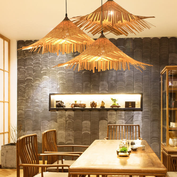 Bamboo Weaving Hat Shape 1-Light Beige Pendant Light