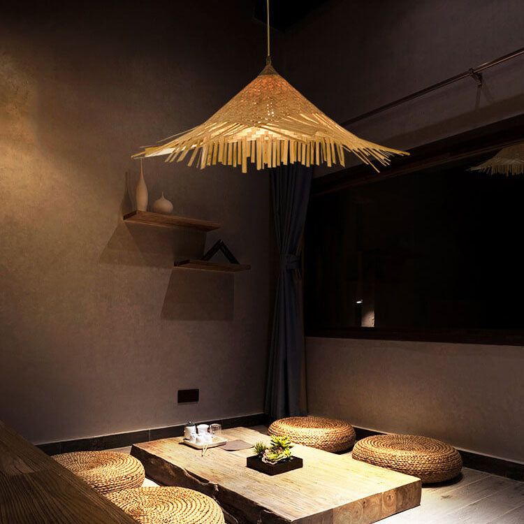 Bamboo Weaving Hat Shape 1-Light Beige Pendant Light