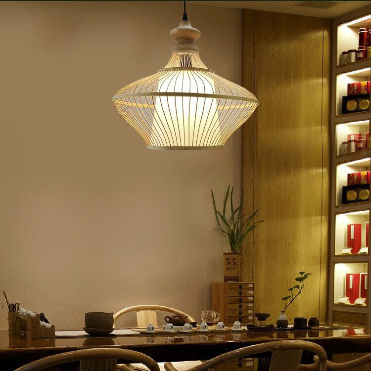 Modern Beige Bamboo Weaving Saucer 1-Light Pendant Light